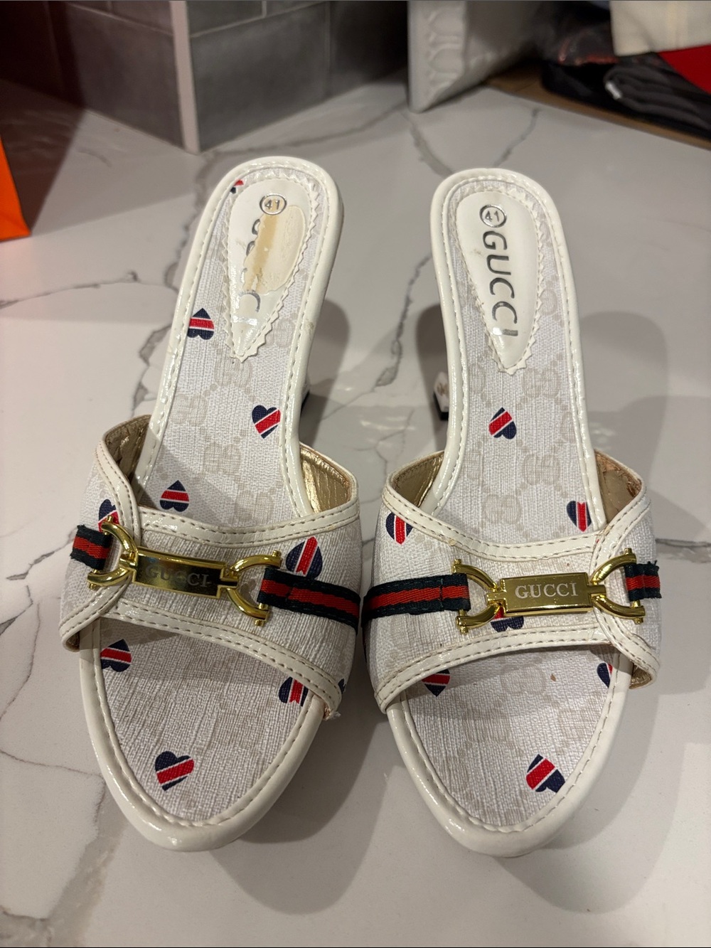 Gucci White Canvas Heart Print Horsebit Mules